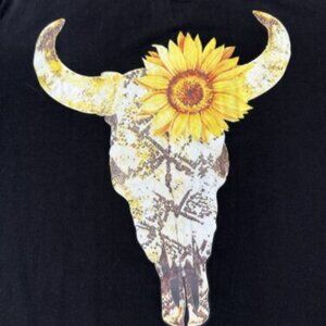 Black Tee Shirt With A Cow With Sunflower‎ On Head XL